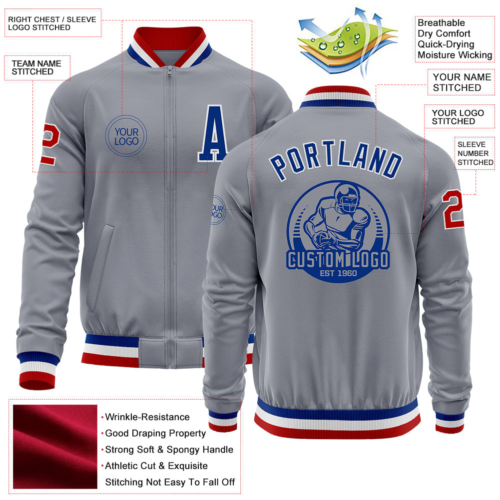 Custom Gray Red-Royal Bomber Varsity Letterman Zipper Jacket