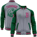 Custom Gray Pink-Kelly Green Varsity Letterman Two Tone Zipper Jacket