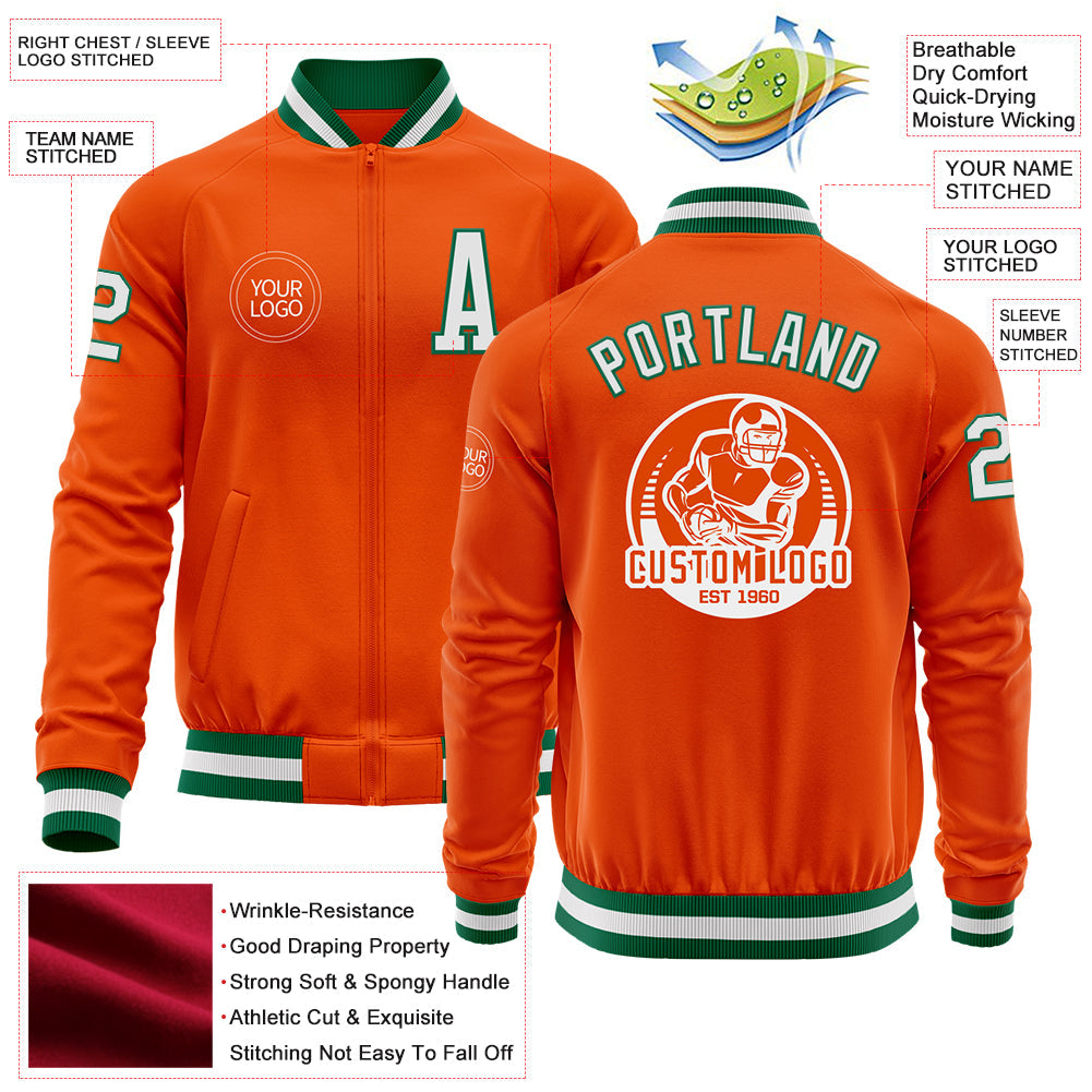 Custom Orange White-Kelly Green Bomber Varsity Letterman Zipper Jacket