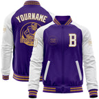 Custom Purple White-Old Gold Bomber Varsity Letterman Two Tone Zipper Jacket