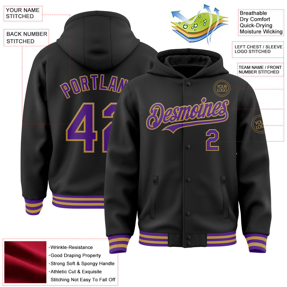 Custom Black Purple-Old Gold Bomber Full-Snap Varsity Letterman Hoodie Jacket