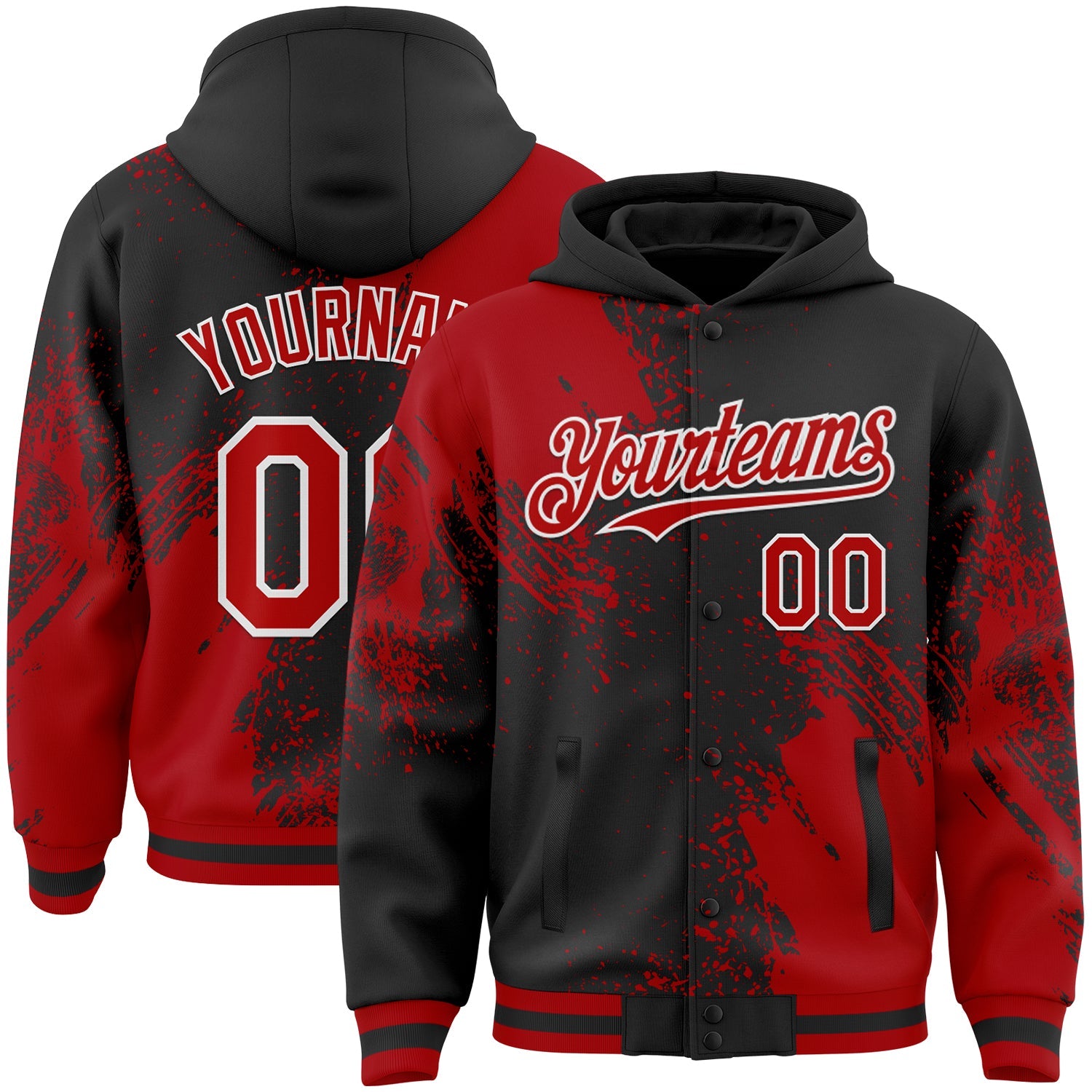 Custom Black Red-White Abstract Brush Stroke 3D Pattern Design Bomber Full-Snap Varsity Letterman Hoodie Jacket