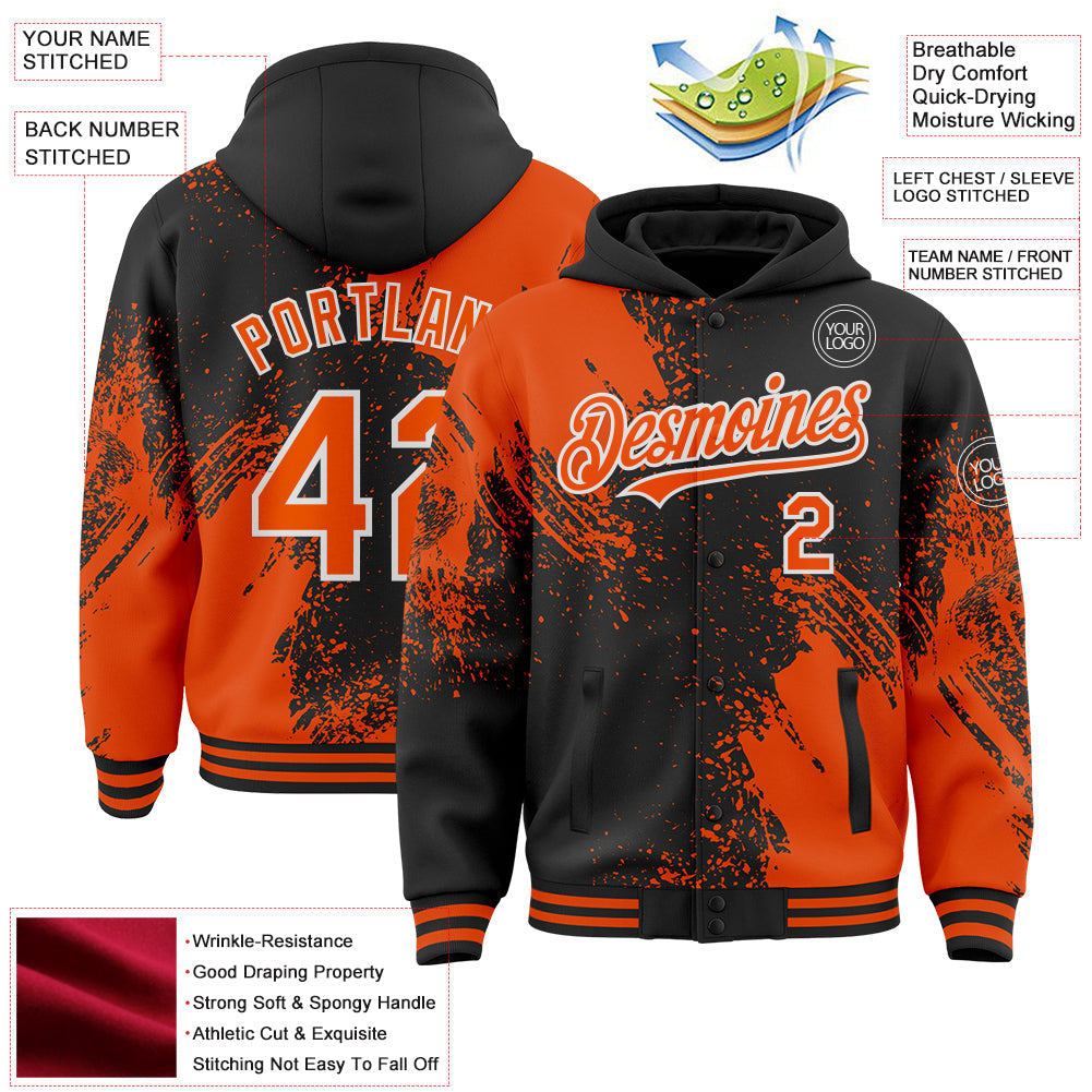 Custom Black Orange-White Abstract Brush Stroke 3D Pattern Design Bomber Full-Snap Varsity Letterman Hoodie Jacket