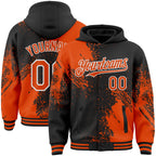 Custom Black Orange-White Abstract Brush Stroke 3D Pattern Design Bomber Full-Snap Varsity Letterman Hoodie Jacket