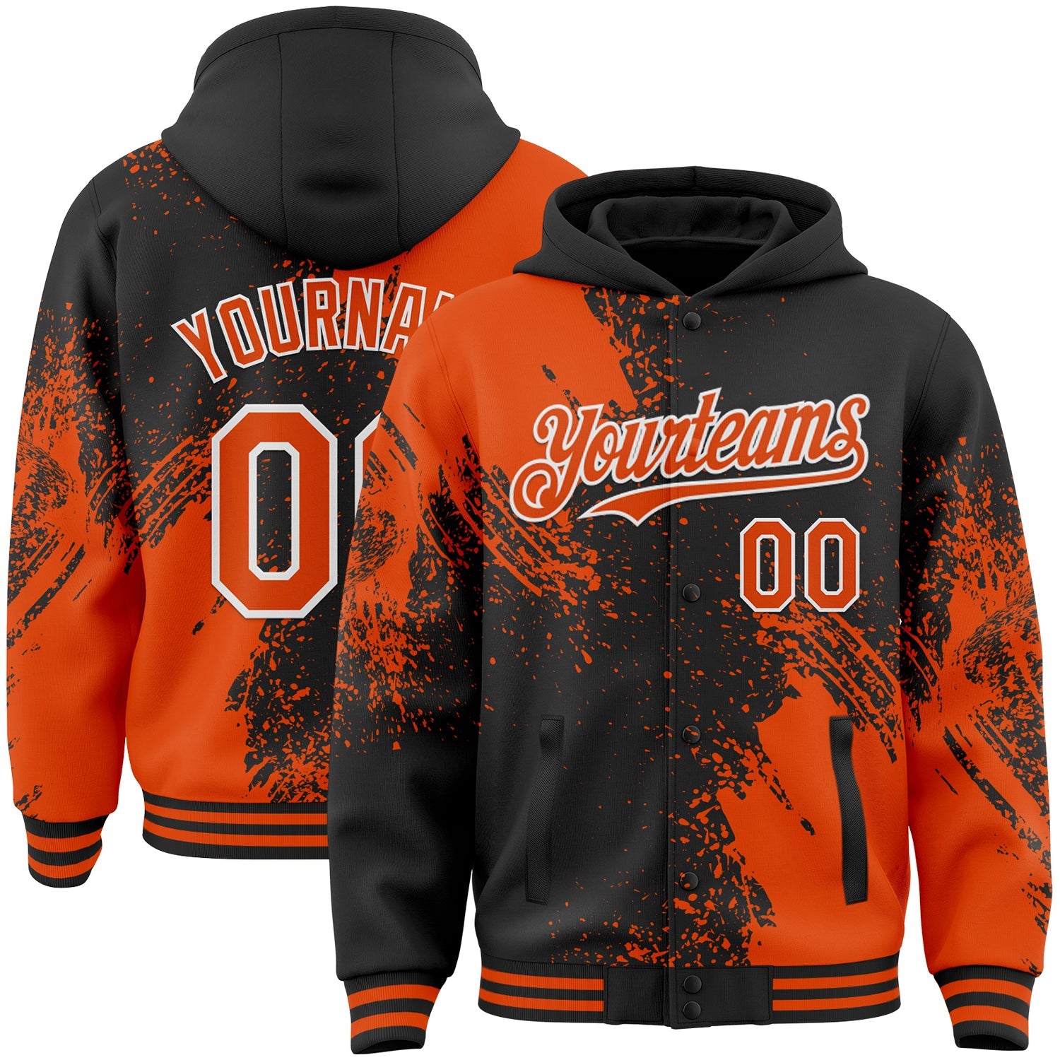 Custom Black Orange-White Abstract Brush Stroke 3D Pattern Design Bomber Full-Snap Varsity Letterman Hoodie Jacket