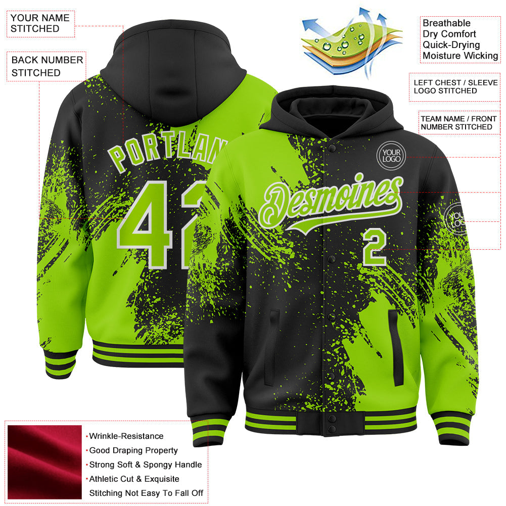 Custom Black Neon Green-White Abstract Brush Stroke 3D Pattern Design Bomber Full-Snap Varsity Letterman Hoodie Jacket
