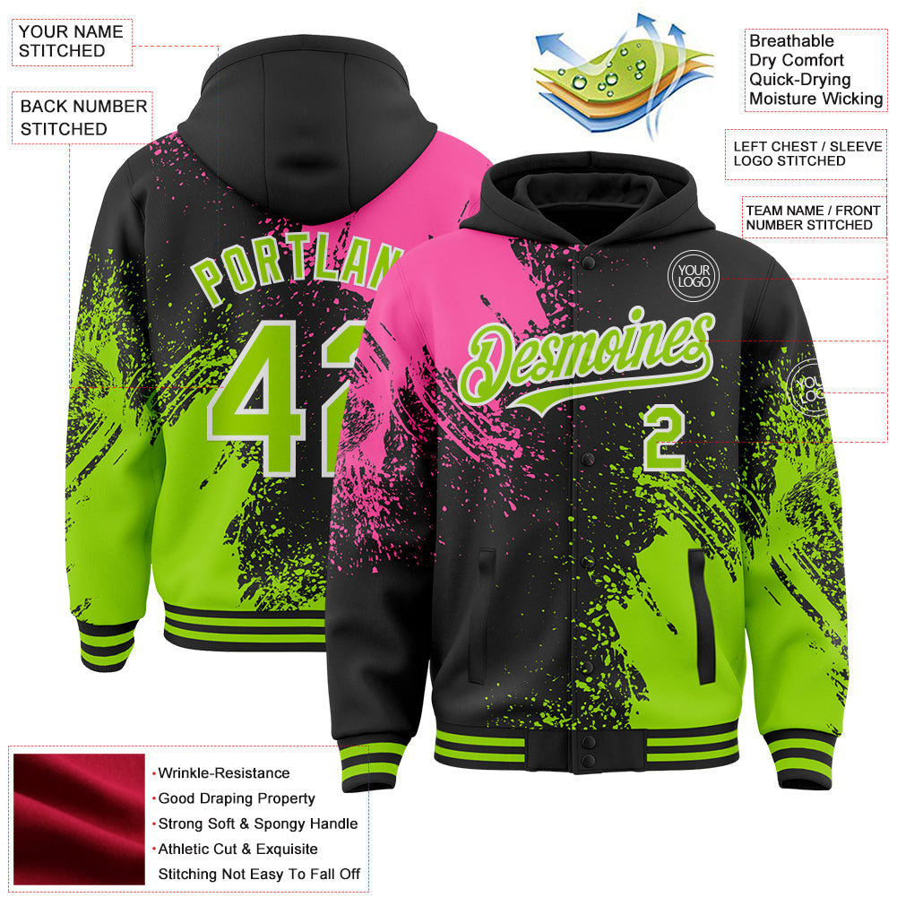 Custom Black Neon Green Pink-White Abstract Brush Stroke 3D Pattern Design Bomber Full-Snap Varsity Letterman Hoodie Jacket