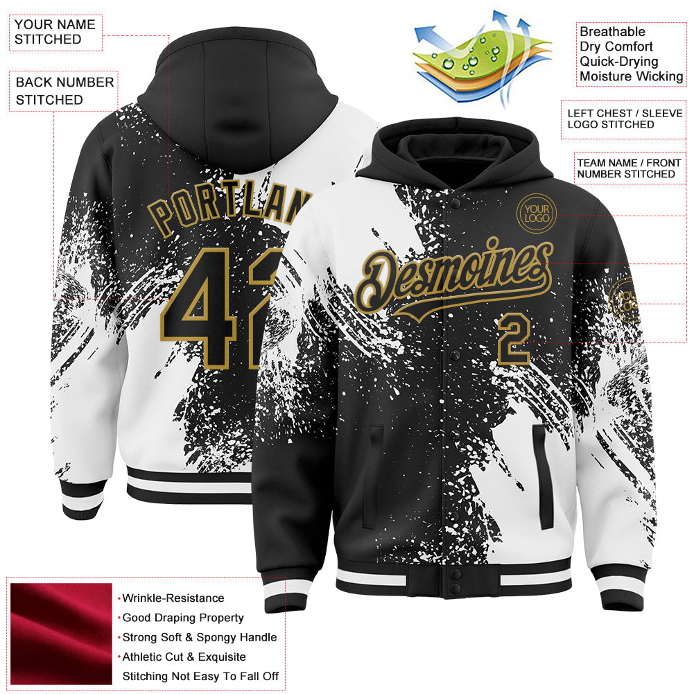 Custom Black White-Old Gold Abstract Brush Stroke 3D Pattern Design Bomber Full-Snap Varsity Letterman Hoodie Jacket