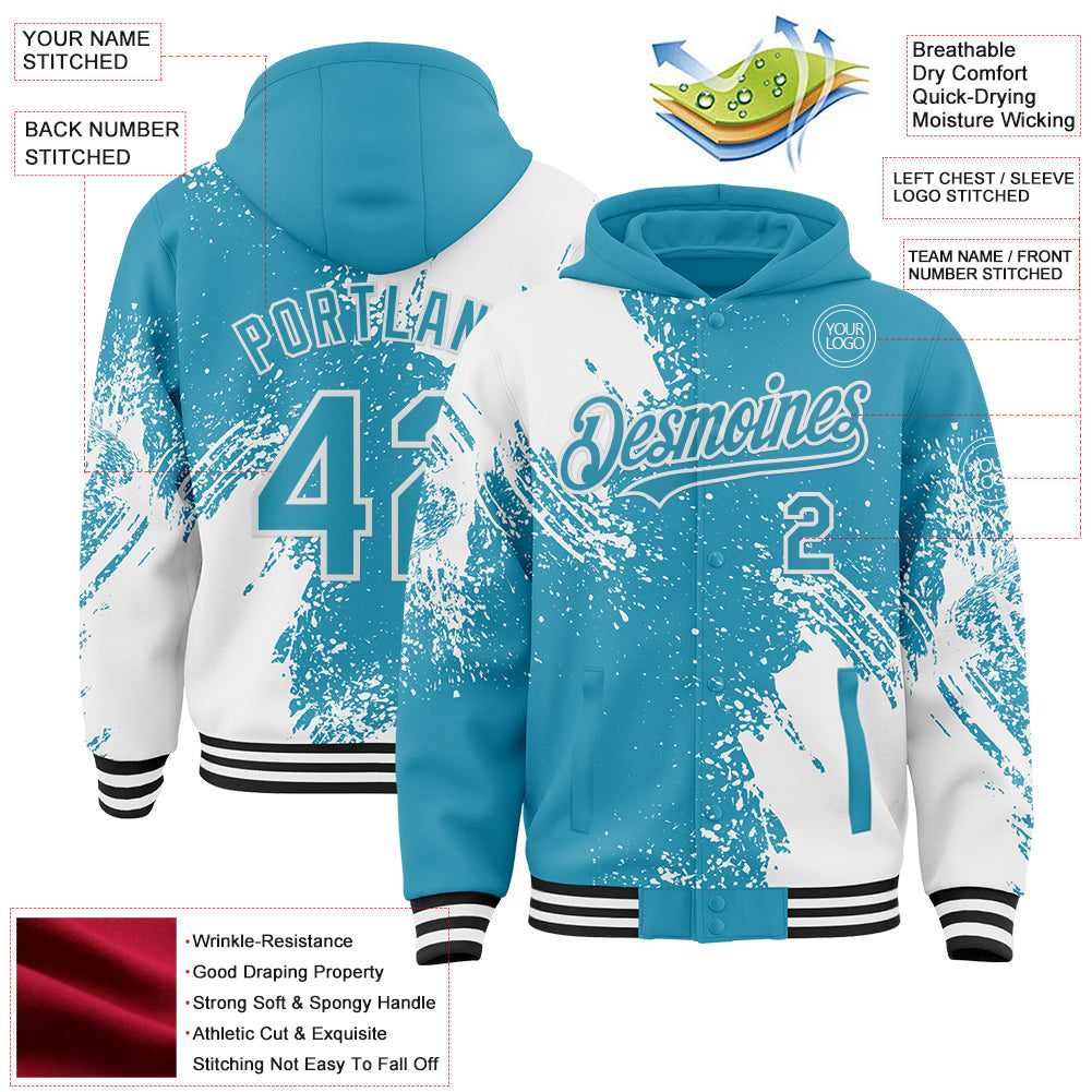 Custom Panther Blue White-Black Abstract Brush Stroke 3D Pattern Design Bomber Full-Snap Varsity Letterman Hoodie Jacket