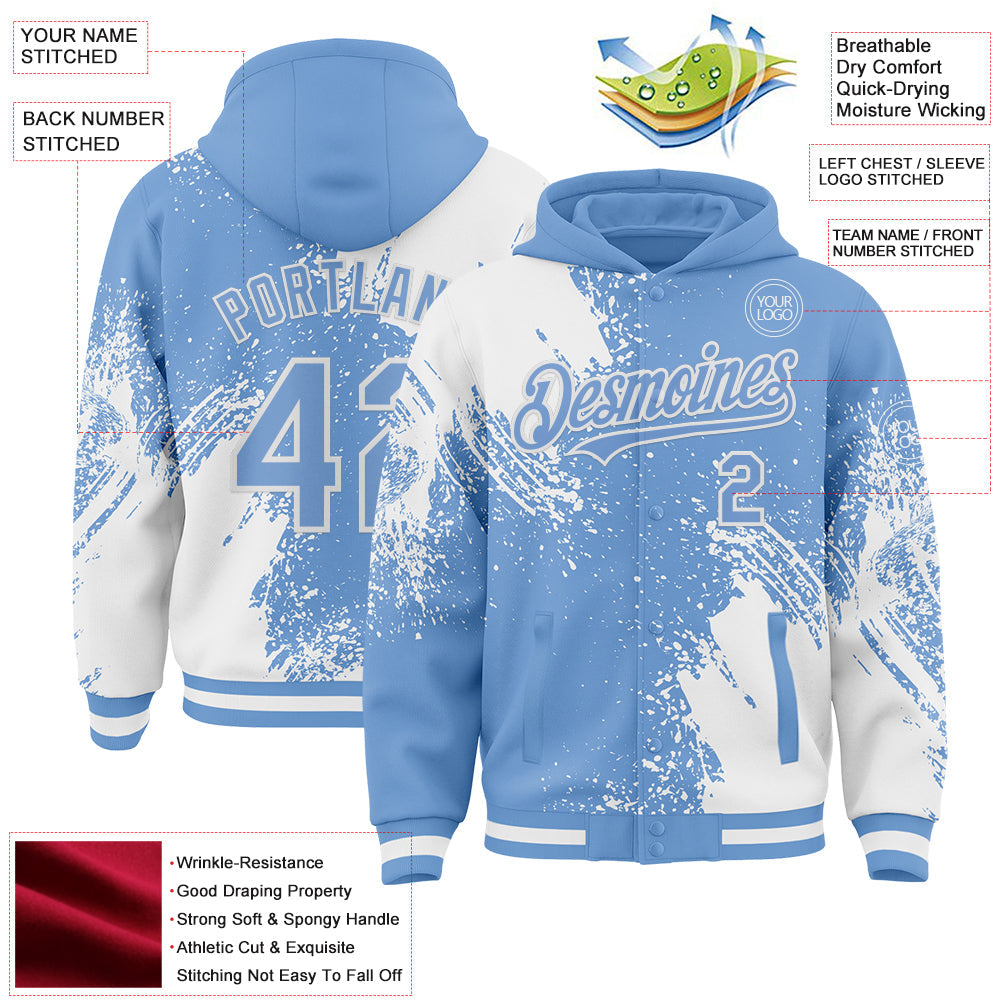 Custom Light Blue White Abstract Brush Stroke 3D Pattern Design Bomber Full-Snap Varsity Letterman Hoodie Jacket