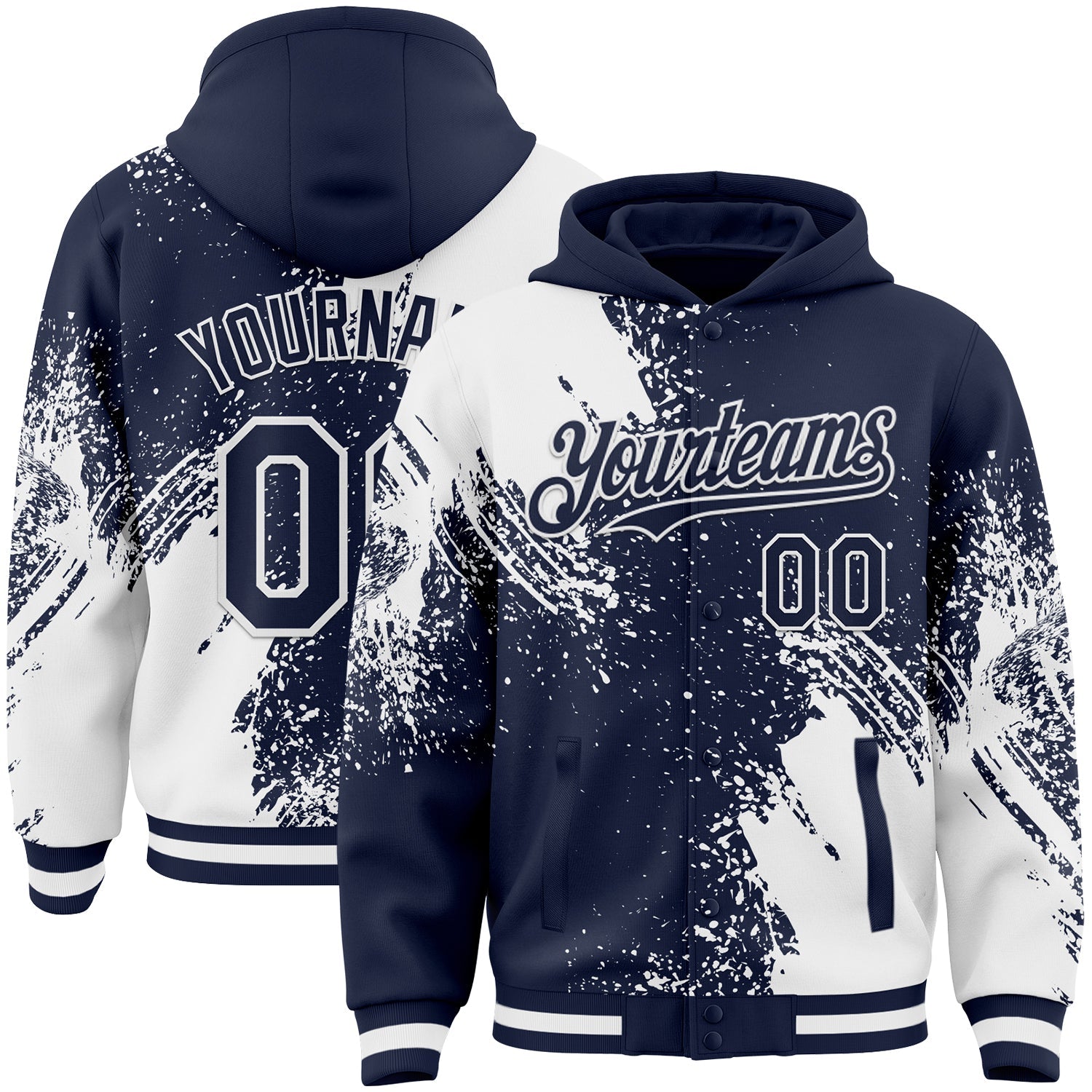 Custom Navy White Abstract Brush Stroke 3D Pattern Design Bomber Full-Snap Varsity Letterman Hoodie Jacket