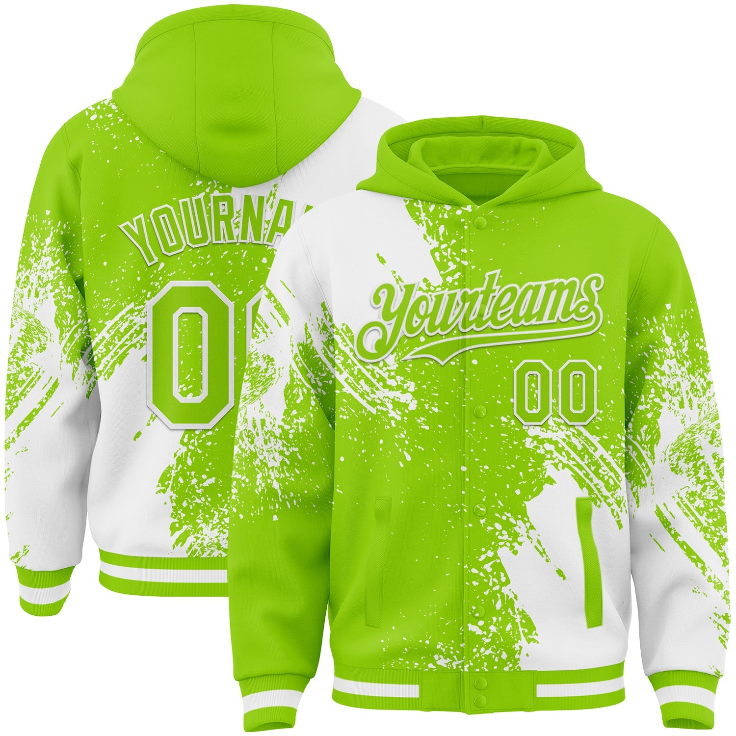 Custom Neon Green White Abstract Brush Stroke 3D Pattern Design Bomber Full-Snap Varsity Letterman Hoodie Jacket