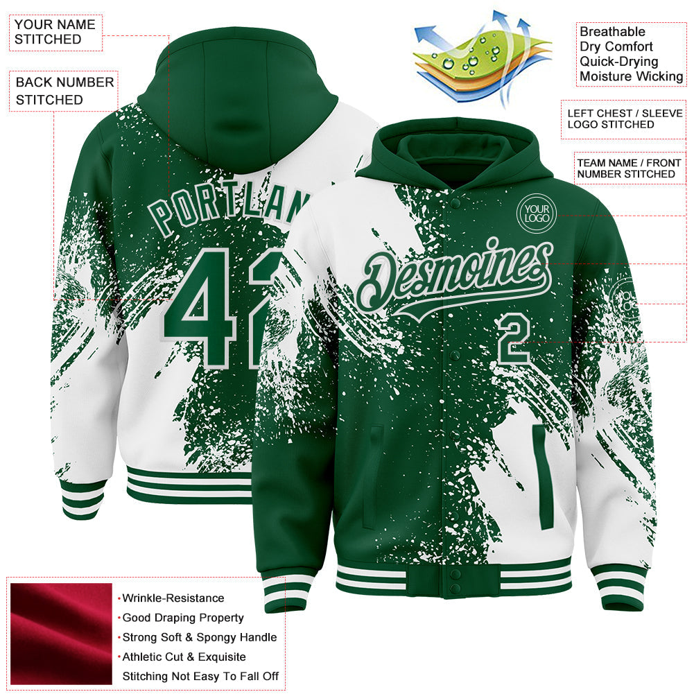 Custom Kelly Green White Abstract Brush Stroke 3D Pattern Design Bomber Full-Snap Varsity Letterman Hoodie Jacket