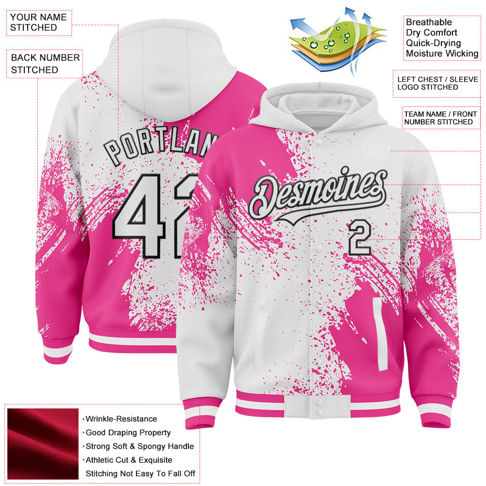 Custom White Pink-Black Abstract Brush Stroke 3D Pattern Design Bomber Full-Snap Varsity Letterman Hoodie Jacket