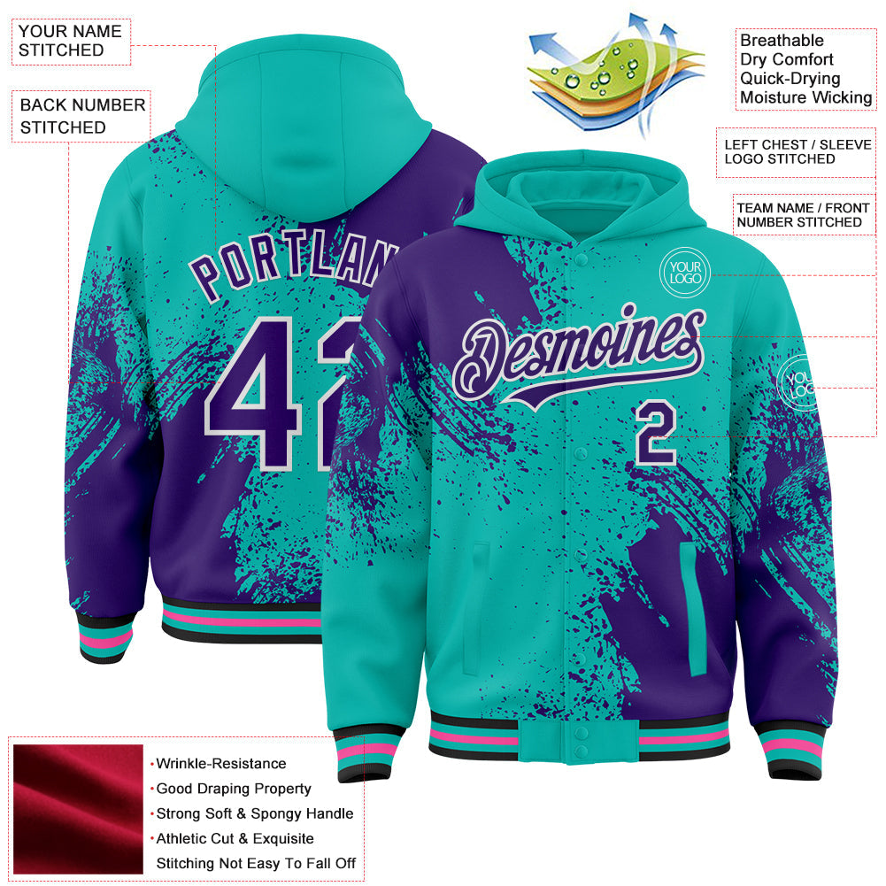 Custom Aqua Purple Black Pink-White Abstract Brush Stroke 3D Pattern Design Bomber Full-Snap Varsity Letterman Hoodie Jacket