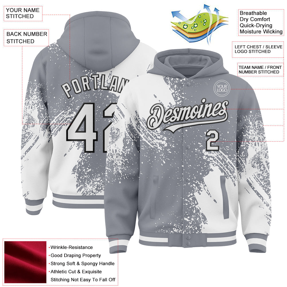 Custom Gray White-Black Abstract Brush Stroke 3D Pattern Design Bomber Full-Snap Varsity Letterman Hoodie Jacket