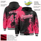 Custom Black Neon Pink-White Abstract Brush Stroke 3D Pattern Design Bomber Full-Snap Varsity Letterman Hoodie Jacket