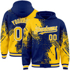 Custom Royal Yellow-White Abstract Brush Stroke 3D Pattern Design Bomber Full-Snap Varsity Letterman Hoodie Jacket