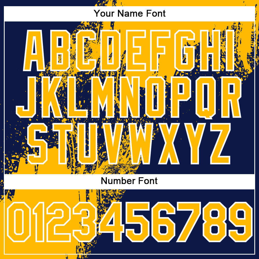Custom Navy Gold-White Abstract Brush Stroke 3D Pattern Design Bomber Full-Snap Varsity Letterman Hoodie Jacket