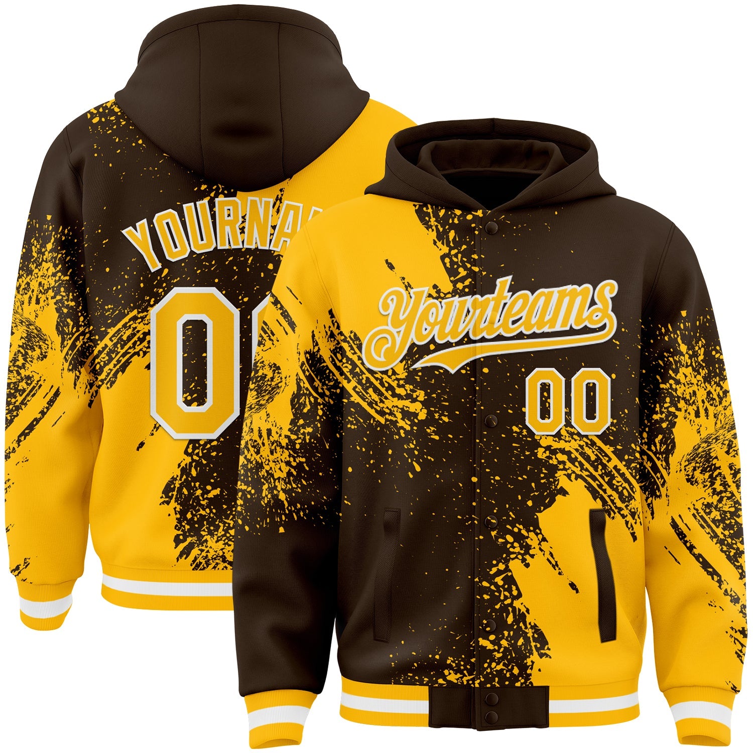 Custom Brown Gold-White Abstract Brush Stroke 3D Pattern Design Bomber Full-Snap Varsity Letterman Hoodie Jacket