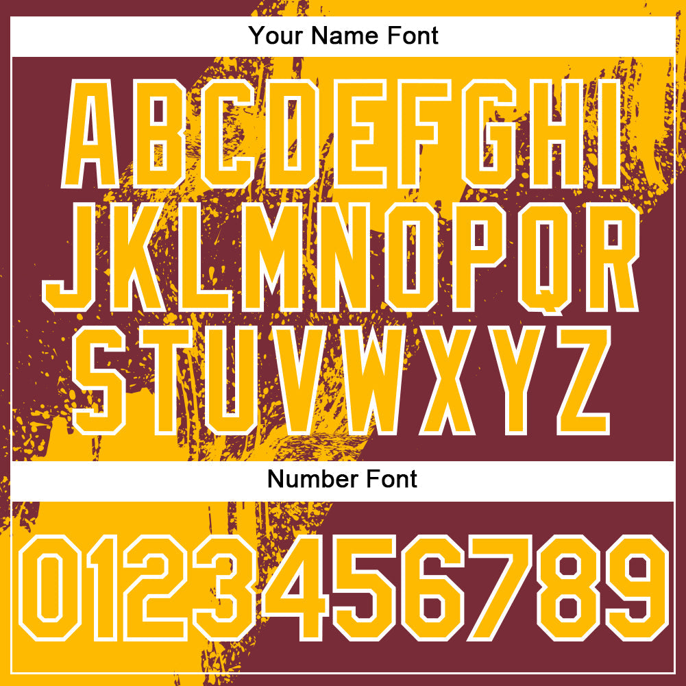 Custom Burgundy Gold-White Abstract Brush Stroke 3D Pattern Design Bomber Full-Snap Varsity Letterman Hoodie Jacket