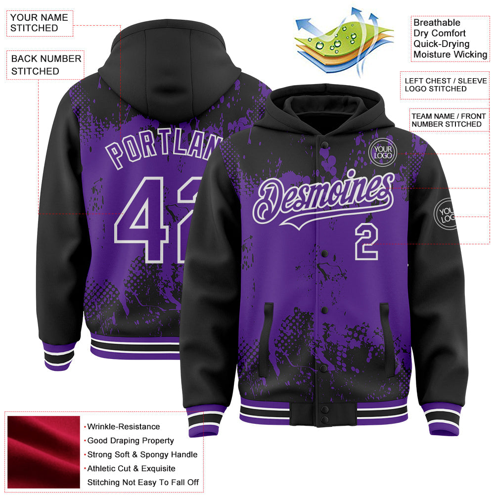 Custom Black Purple-White Splash Art 3D Pattern Design Bomber Full-Snap Varsity Letterman Hoodie Jacket