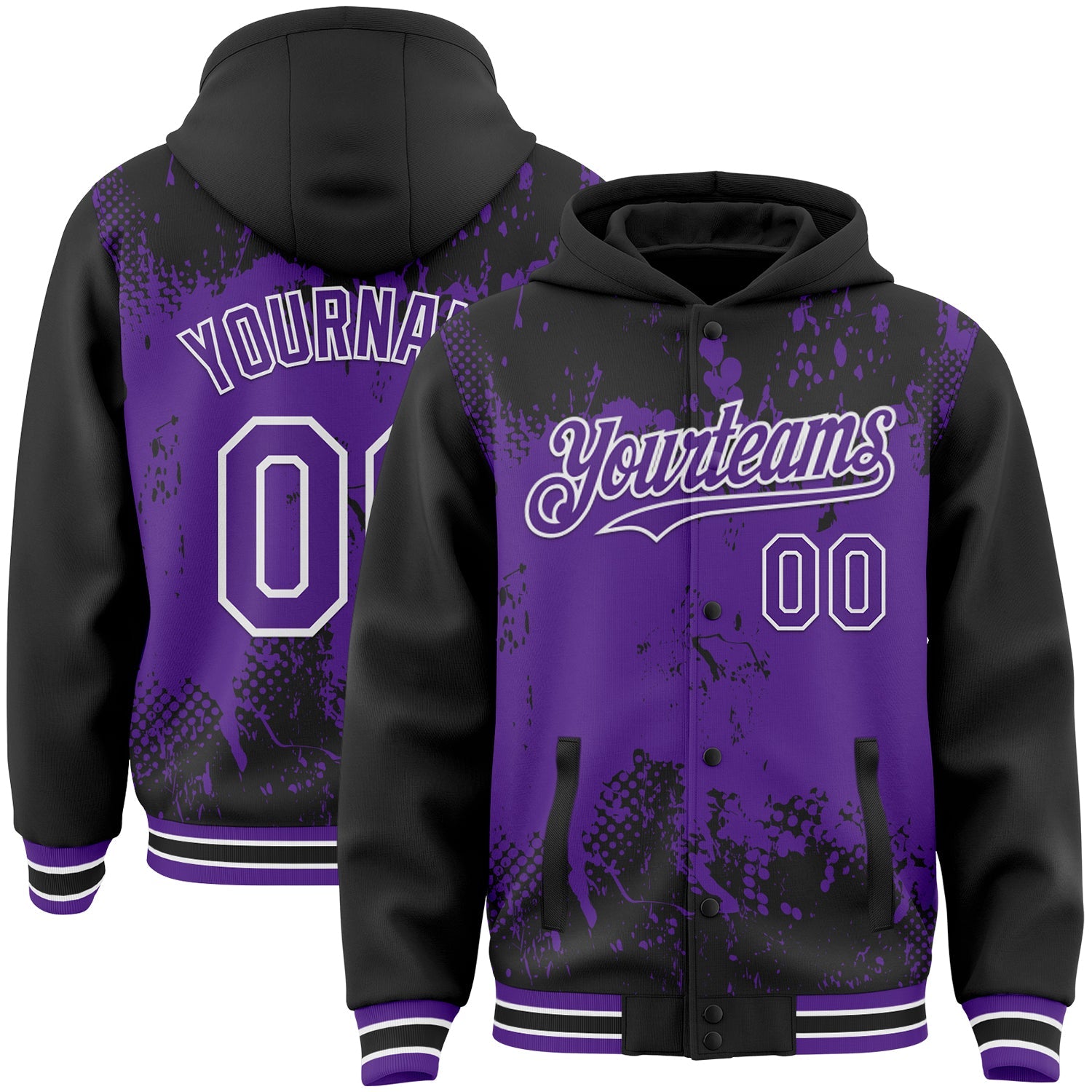 Custom Black Purple-White Splash Art 3D Pattern Design Bomber Full-Snap Varsity Letterman Hoodie Jacket
