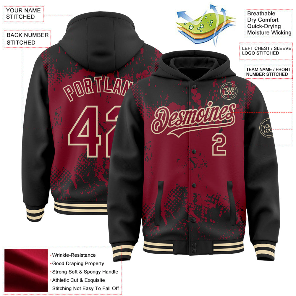 Custom Black Crimson-Cream Splash Art 3D Pattern Design Bomber Full-Snap Varsity Letterman Hoodie Jacket