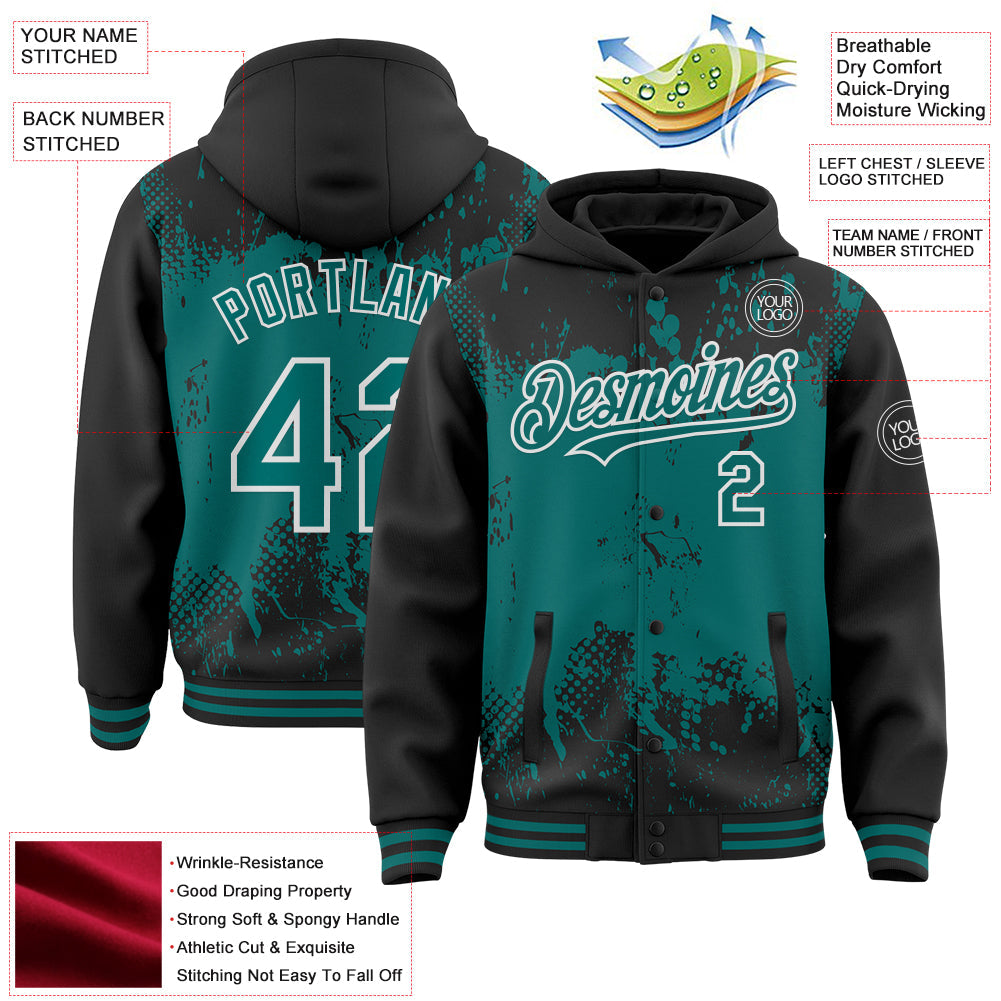 Custom Black Teal-White Splash Art 3D Pattern Design Bomber Full-Snap Varsity Letterman Hoodie Jacket