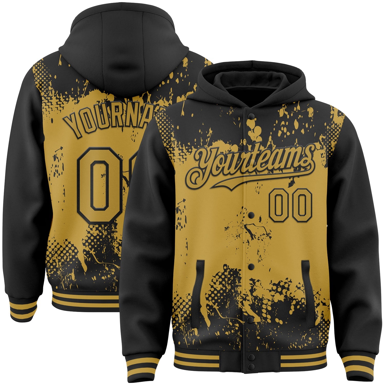 Custom Black Old Gold Splash Art 3D Pattern Design Bomber Full-Snap Varsity Letterman Hoodie Jacket