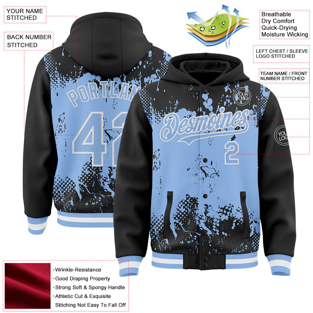 Custom Black Light Blue-White Splash Art 3D Pattern Design Bomber Full-Snap Varsity Letterman Hoodie Jacket