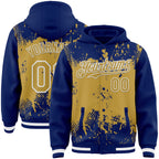 Custom Royal Old Gold-White Splash Art 3D Pattern Design Bomber Full-Snap Varsity Letterman Hoodie Jacket