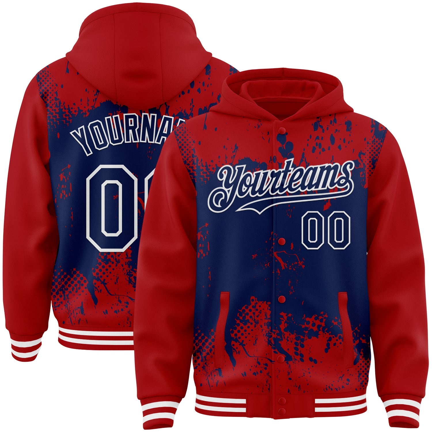Custom Red Navy-White Splash Art 3D Pattern Design Bomber Full-Snap Varsity Letterman Hoodie Jacket