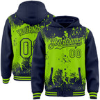 Custom Navy Neon Green Splash Art 3D Pattern Design Bomber Full-Snap Varsity Letterman Hoodie Jacket