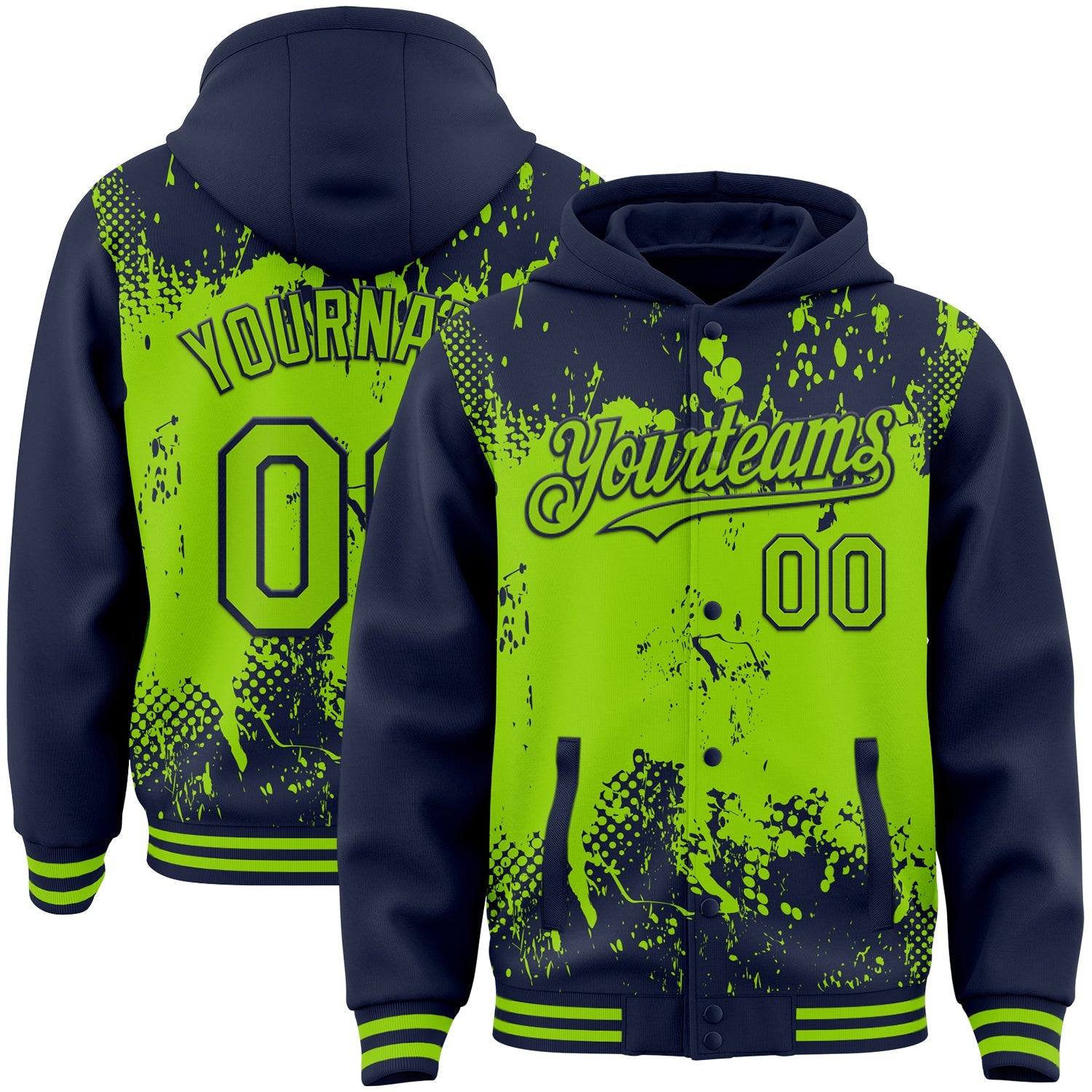 Custom Navy Neon Green Splash Art 3D Pattern Design Bomber Full-Snap Varsity Letterman Hoodie Jacket