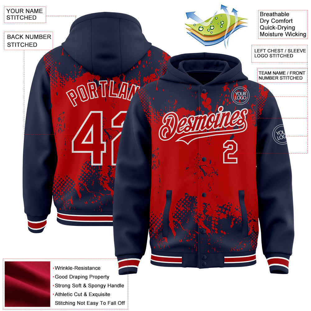 Custom Navy Red-White Splash Art 3D Pattern Design Bomber Full-Snap Varsity Letterman Hoodie Jacket