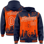 Custom Navy Orange-White Splash Art 3D Pattern Design Bomber Full-Snap Varsity Letterman Hoodie Jacket