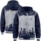 Custom Navy Gray-White Splash Art 3D Pattern Design Bomber Full-Snap Varsity Letterman Hoodie Jacket