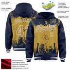 Custom Navy Old Gold-White Splash Art 3D Pattern Design Bomber Full-Snap Varsity Letterman Hoodie Jacket