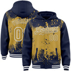 Custom Navy Old Gold-White Splash Art 3D Pattern Design Bomber Full-Snap Varsity Letterman Hoodie Jacket