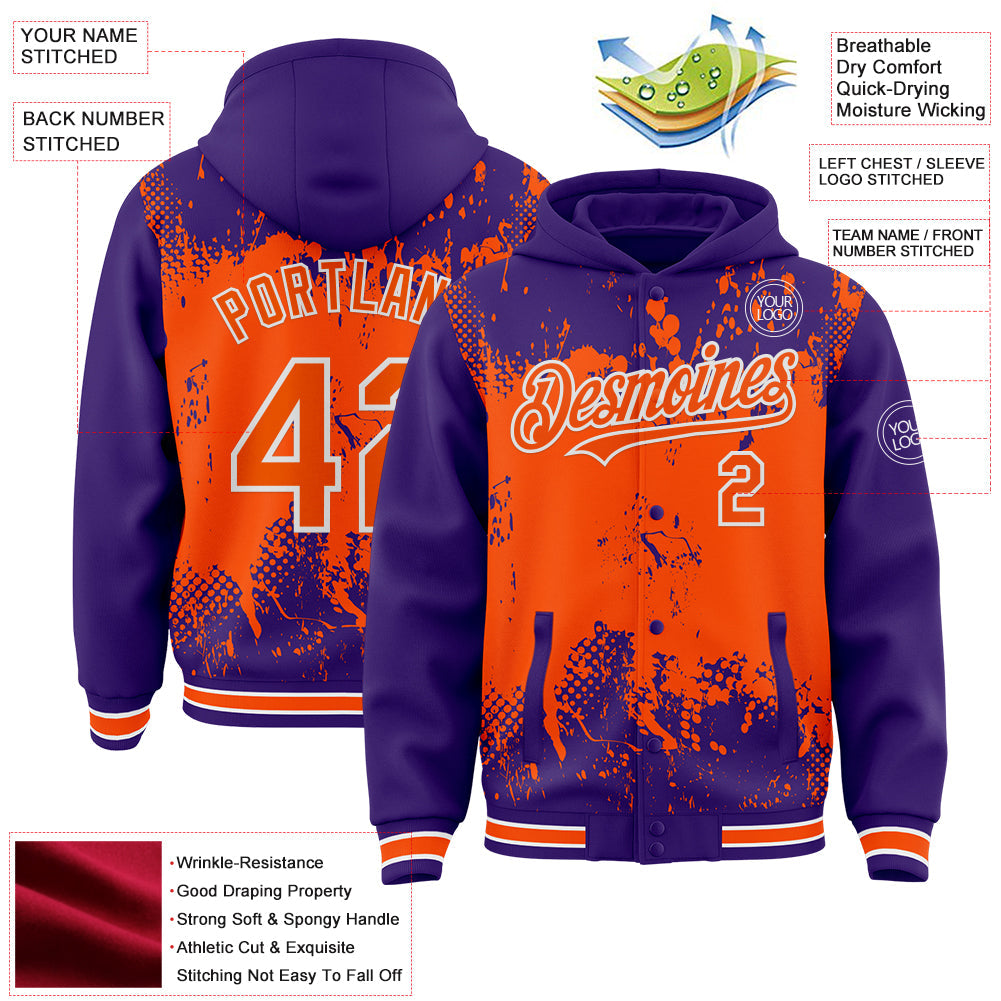 Custom Purple Orange-White Splash Art 3D Pattern Design Bomber Full-Snap Varsity Letterman Hoodie Jacket