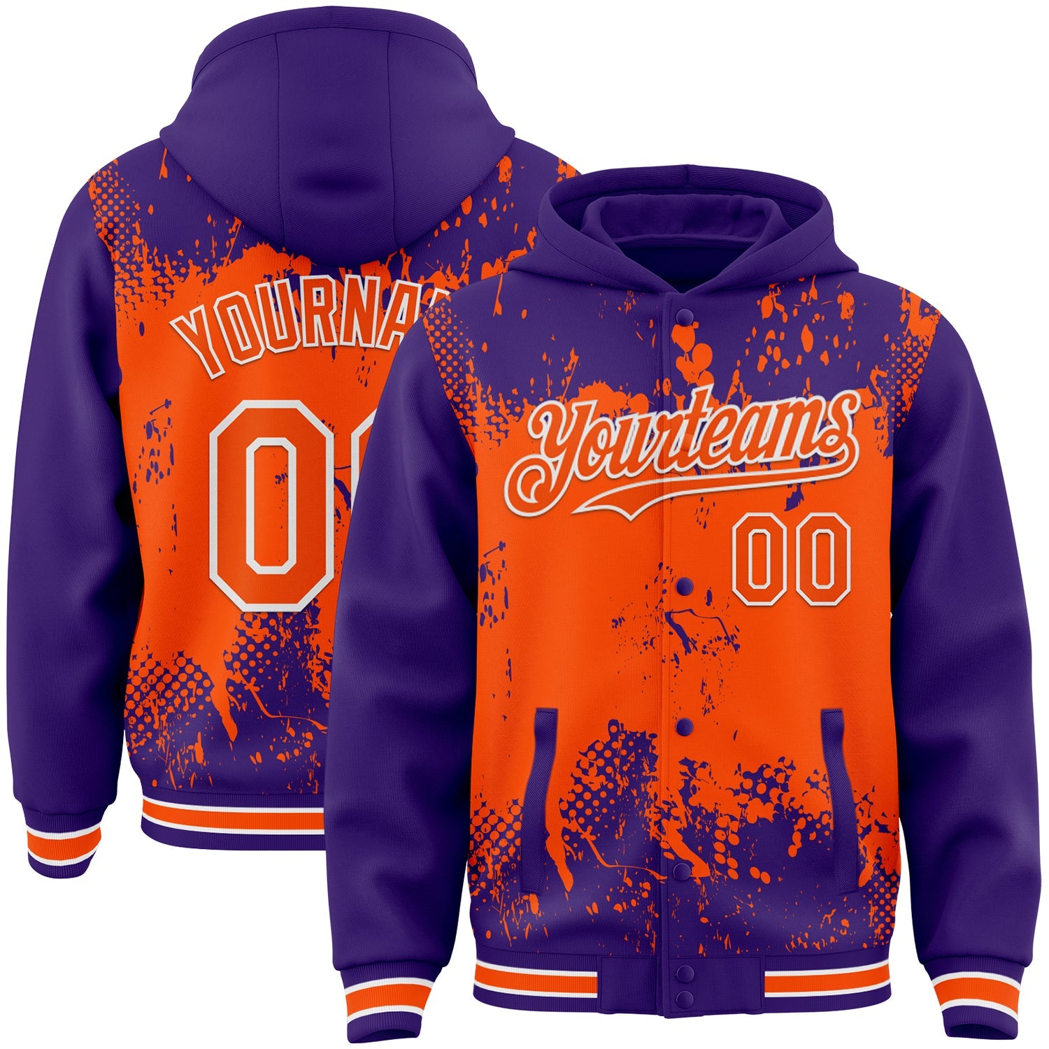 Custom Purple Orange-White Splash Art 3D Pattern Design Bomber Full-Snap Varsity Letterman Hoodie Jacket