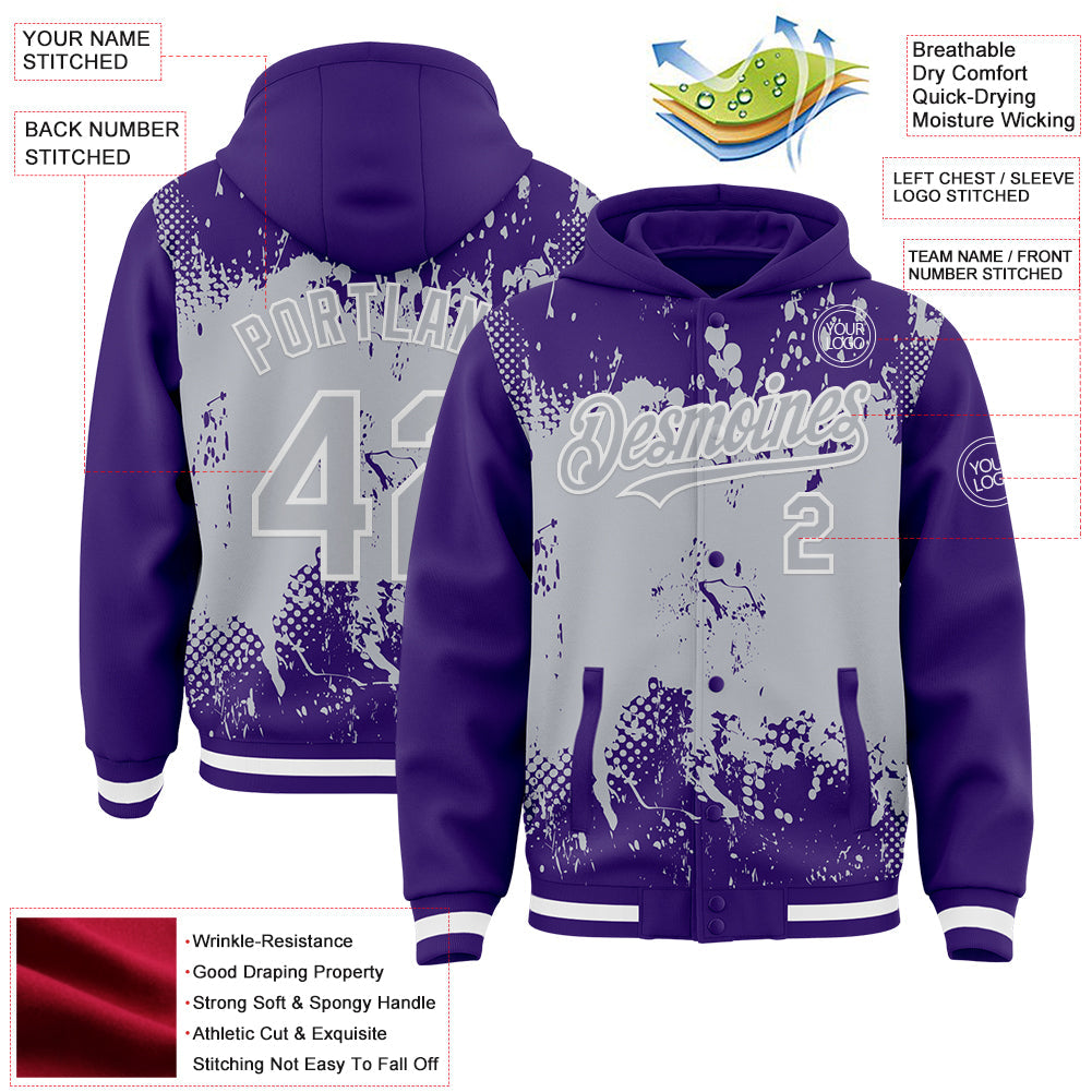 Custom Purple Gray-White Splash Art 3D Pattern Design Bomber Full-Snap Varsity Letterman Hoodie Jacket