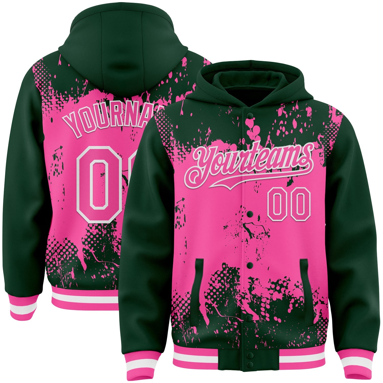 Custom Green Pink-White Splash Art 3D Pattern Design Bomber Full-Snap Varsity Letterman Hoodie Jacket