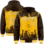 Custom Brown Gold-White Splash Art 3D Pattern Design Bomber Full-Snap Varsity Letterman Hoodie Jacket
