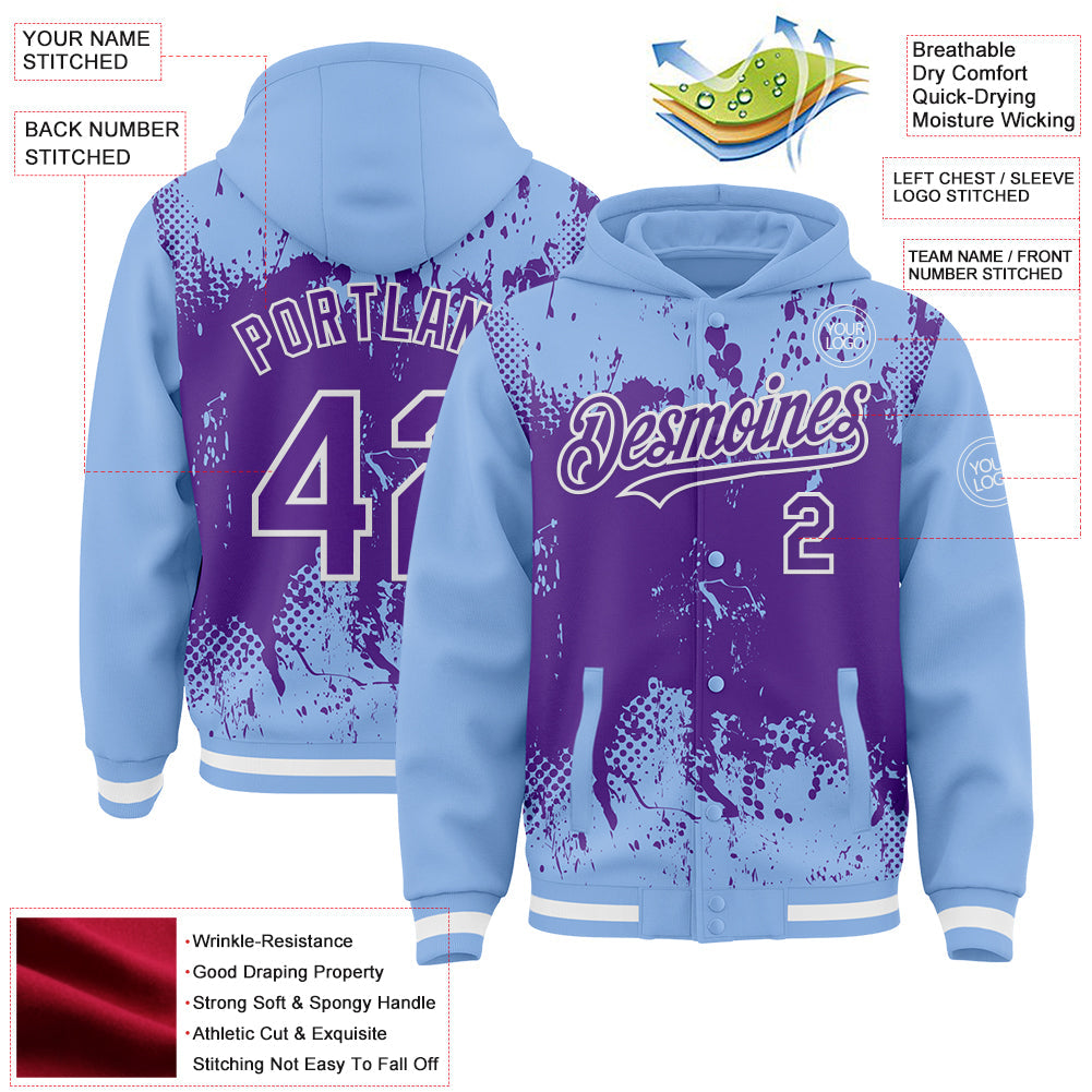 Custom Light Blue Purple-White Splash Art 3D Pattern Design Bomber Full-Snap Varsity Letterman Hoodie Jacket