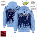 Custom Light Blue Navy-White Splash Art 3D Pattern Design Bomber Full-Snap Varsity Letterman Hoodie Jacket