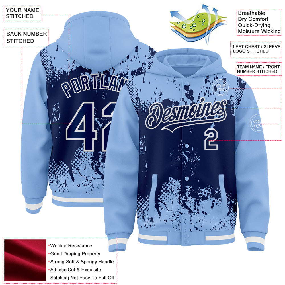 Custom Light Blue Navy-White Splash Art 3D Pattern Design Bomber Full-Snap Varsity Letterman Hoodie Jacket