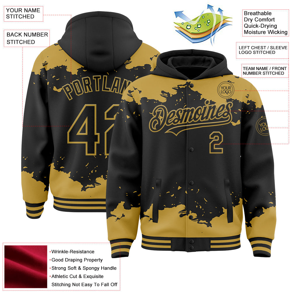 Custom Black Old Gold Splash Art 3D Pattern Design Bomber Full-Snap Varsity Letterman Hoodie Jacket