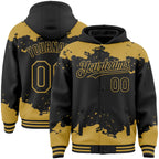 Custom Black Old Gold Splash Art 3D Pattern Design Bomber Full-Snap Varsity Letterman Hoodie Jacket